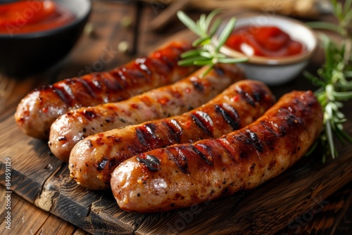 Grilled Sausages with Ketchup and Rosemary Sprigs