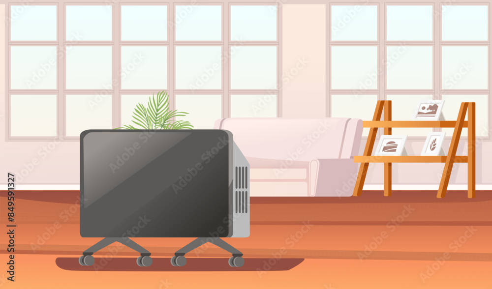 Home room interior with furniture and classic portable heater simple minimalistic style vector illustration