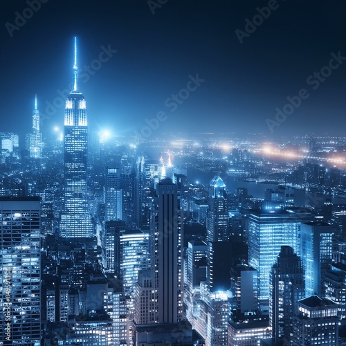 euchtende Skyline: Blaue Neonlichter in der futuristischen Großstadt photo