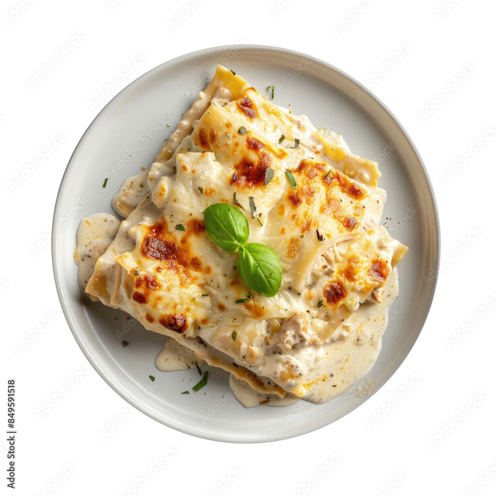 A Plate of Chicken Lasagna Isolated on a Transparent Background A Plate of Chicken Lasagna Isolated on a Transparent Background