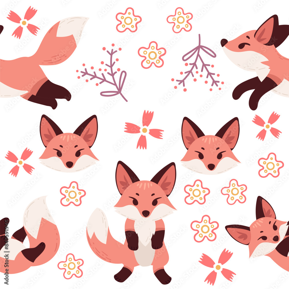 Fototapeta premium Seamless pattern cute red fox cartoon animal design vector illustration on white background