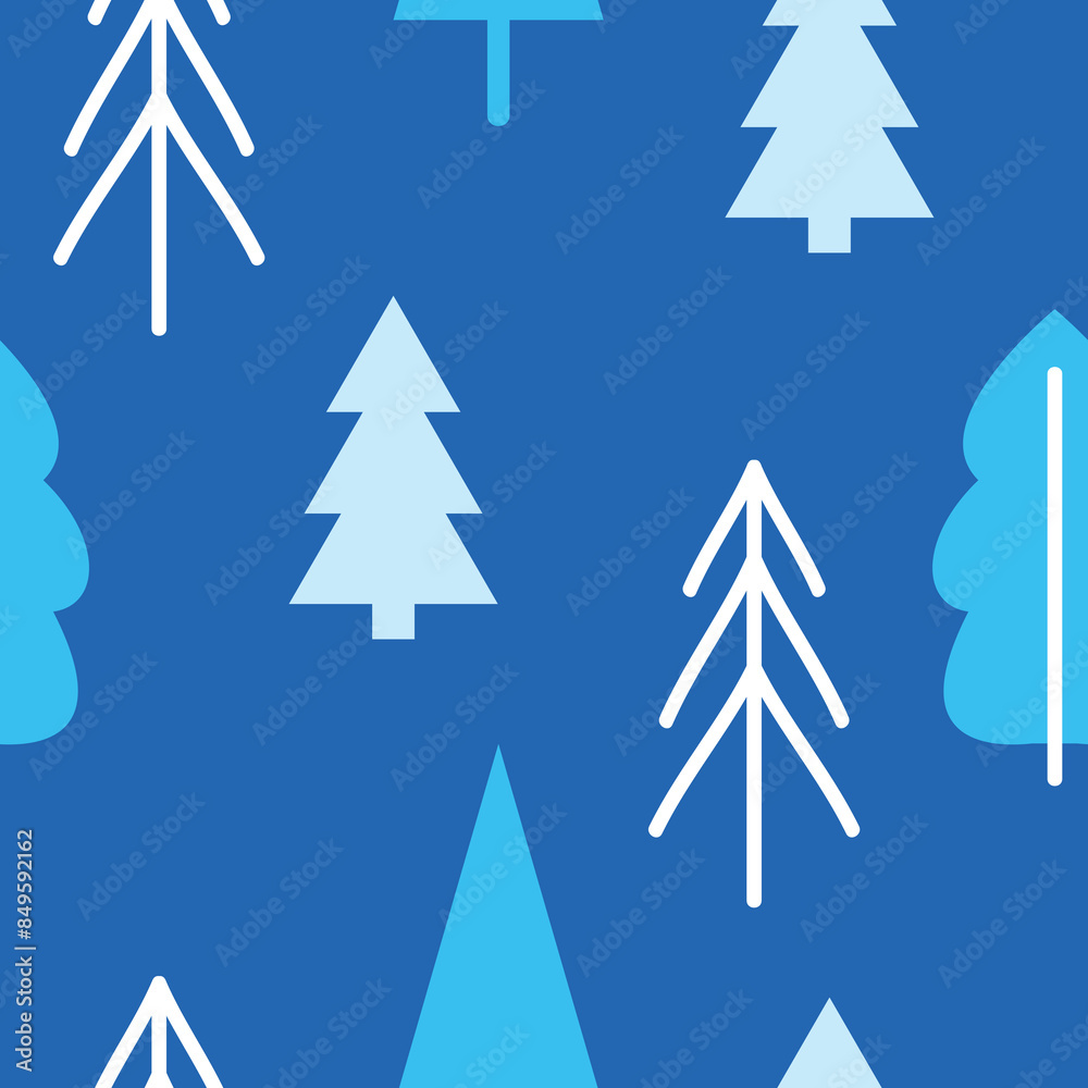Obraz premium Blue background light blue trees white tree outlines design. Geometric tree shapes various shades blue, scattered pattern. Winterthemed graphic style simple, modern vectors