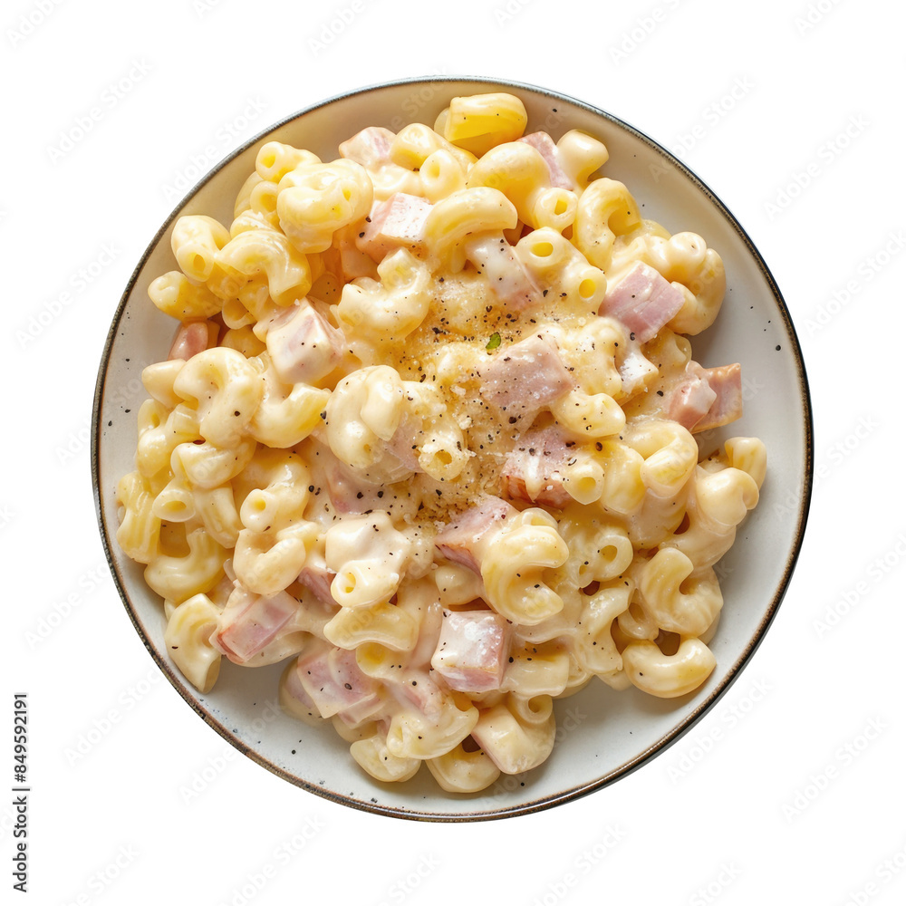 Delicious Plate of Macaroni and Cheese with Ham Isolated on a Transparent Background Delicious Plate of Macaroni and Cheese with Ham Isolated on a Transparent Background