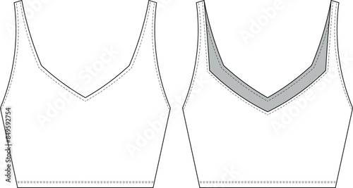 sleeveless curved v neck strappy strapped shoulder straps cropped crop blouse top tank top template technical drawing flat sketch cad mockup fashion woman design style model
