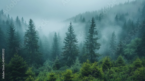 Misty Pine Forest Landscape in Early Morning