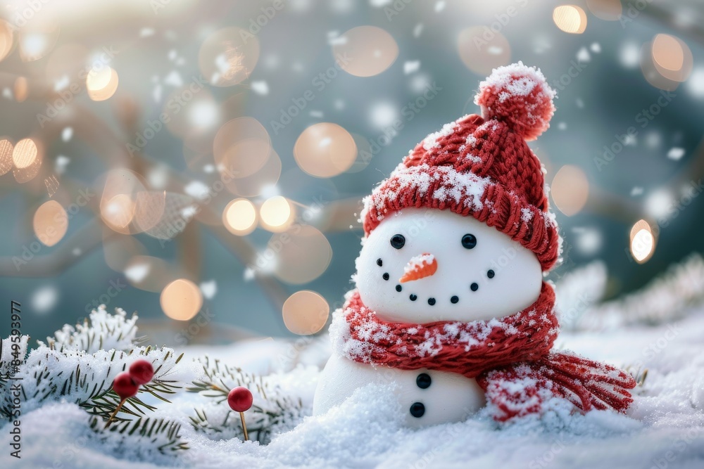 Cheerful Snowman with Red Knit Hat and Scarf Cheerful Snowman with Red Knit Hat and Scarf