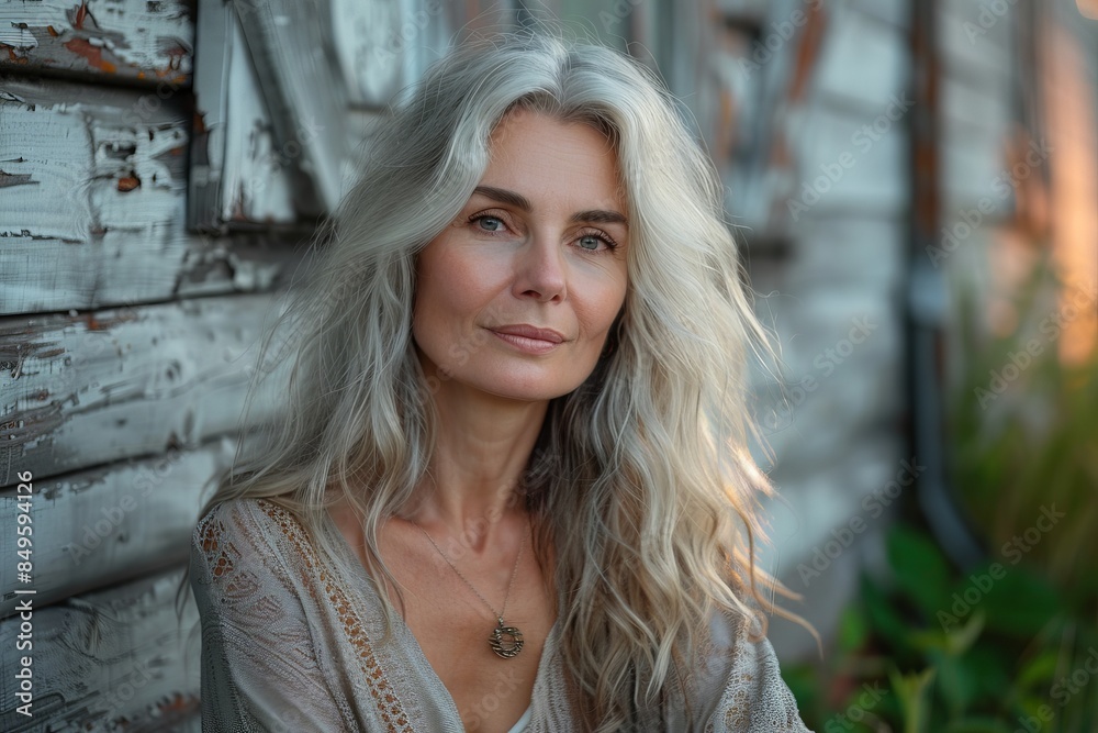 Naklejka premium Elegant Mature Woman with Long Gray Hair