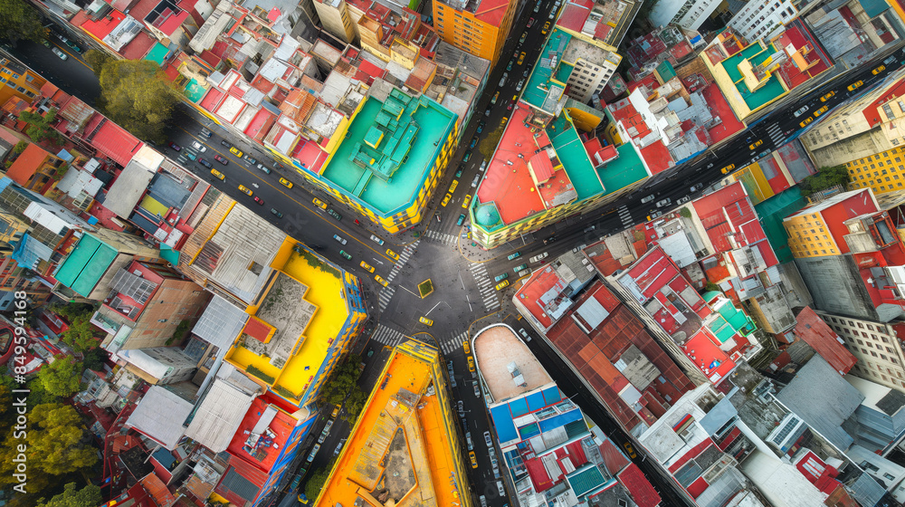 Naklejka premium Aerial view of a bustling city square surrounded by multicolored buildings with vivid facades and busy streets.
