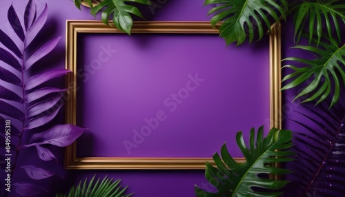 A vibrant purple background framed by neon pink lights, adorned with lush green monstera leaves and purple foliage, creating a striking and colorful botanical display