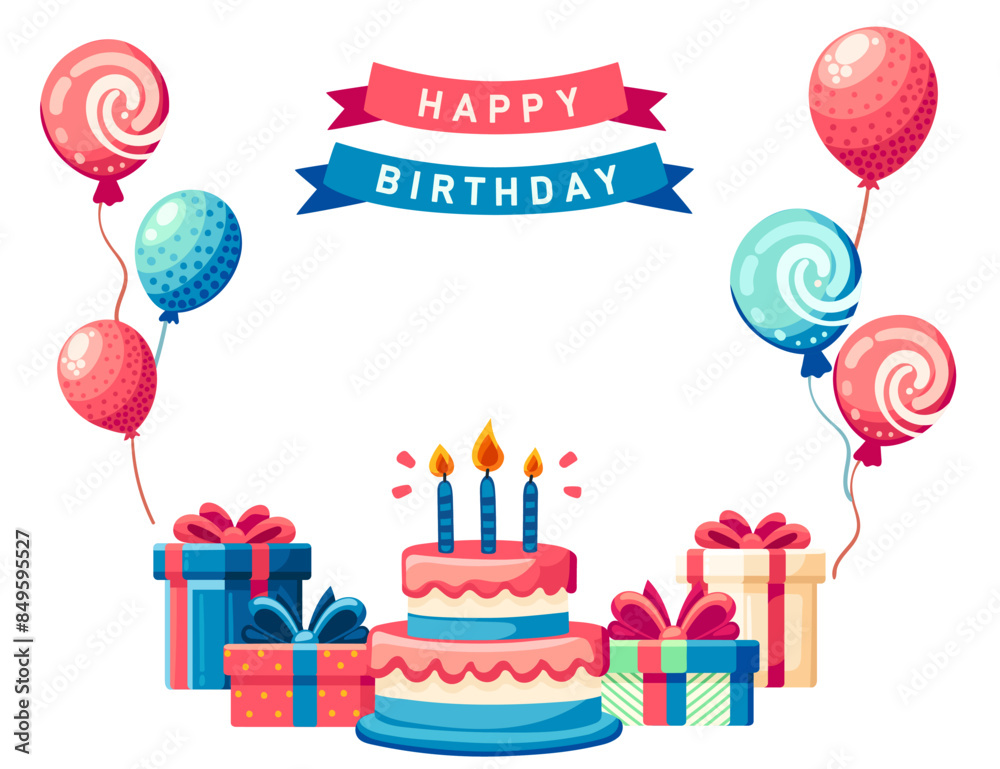 Horizontal greetings card design with birthday cake balloons gift boxes ...