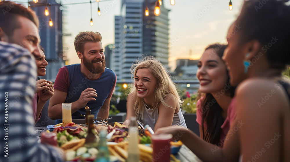Obraz premium Group of friends enjoying a rooftop barbecue party with festive decorations and city skyline view.