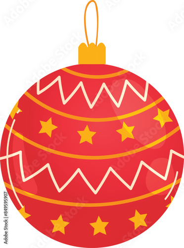 Red Christmas ornament decorated zigzag white lines yellow stars isolated white background. Shiny holiday bauble festive decoration hanging string top. Decorative seasonal red bulb circular pattern