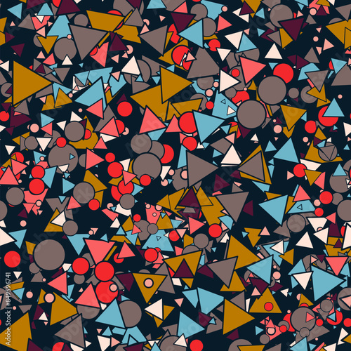 Colorful messy random triangles and circles seamless pattern. Chaotic background.