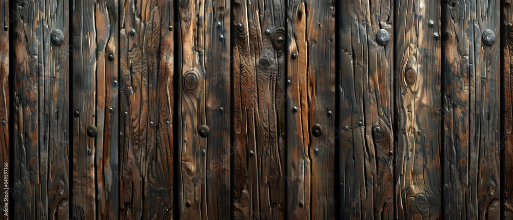 Fototapeta premium Mellow dark-colored wood texture background. Natural grain and high contrast. 