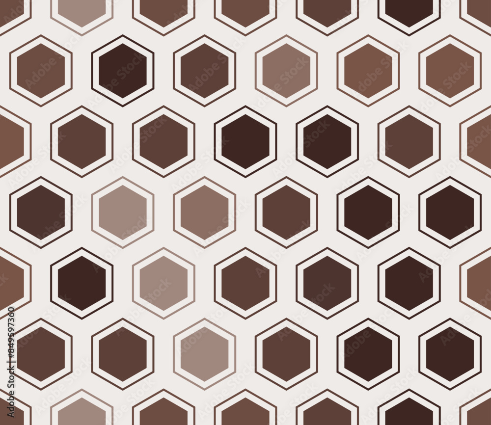 Honeycomb hexagons background. Hexagon mosaic cells with padding and inner solid cells. Brown color tones. Large hexagon shapes. Seamless pattern. Tileable vector illustration.