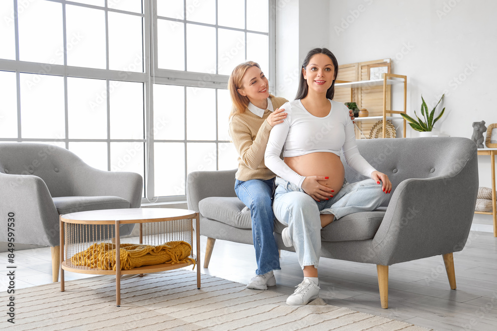 Obraz premium Young pregnant woman with doula sitting on sofa at home