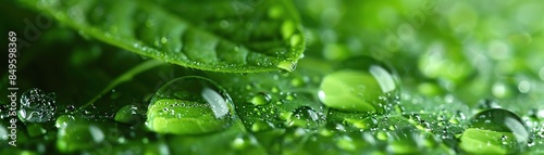 Close-up image of dew drops on lush green leaves, capturing the freshness and tranquility of nature.