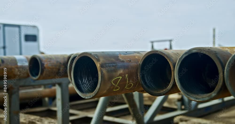 Empty pipes with rifles stored outdoors. The ground where the oil drilling takes place. Empty pipes with rifles stored outdoors. The ground where the oil drilling takes place.