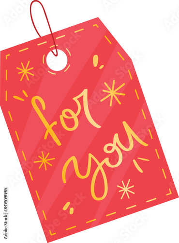 Red gift tag yellow handwritten joyful lettering You. Pink label isolated white background package presents. Festive tag joyous message, giftgiving celebration decoration favor