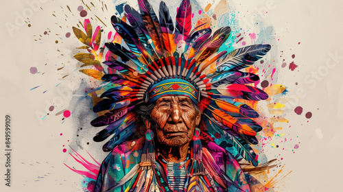 Indigenous elder adorned in a vibrant traditional headdress. Concept for Native American Day, Native American Heritage Month and International Day of the World's Indigenous Peoples.