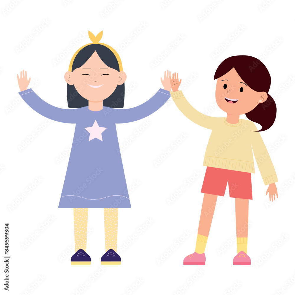 Happy Cartoon Girls Holding Hands Vector Illustration EPS10 Happy Cartoon Girls Holding Hands Vector Illustration EPS10