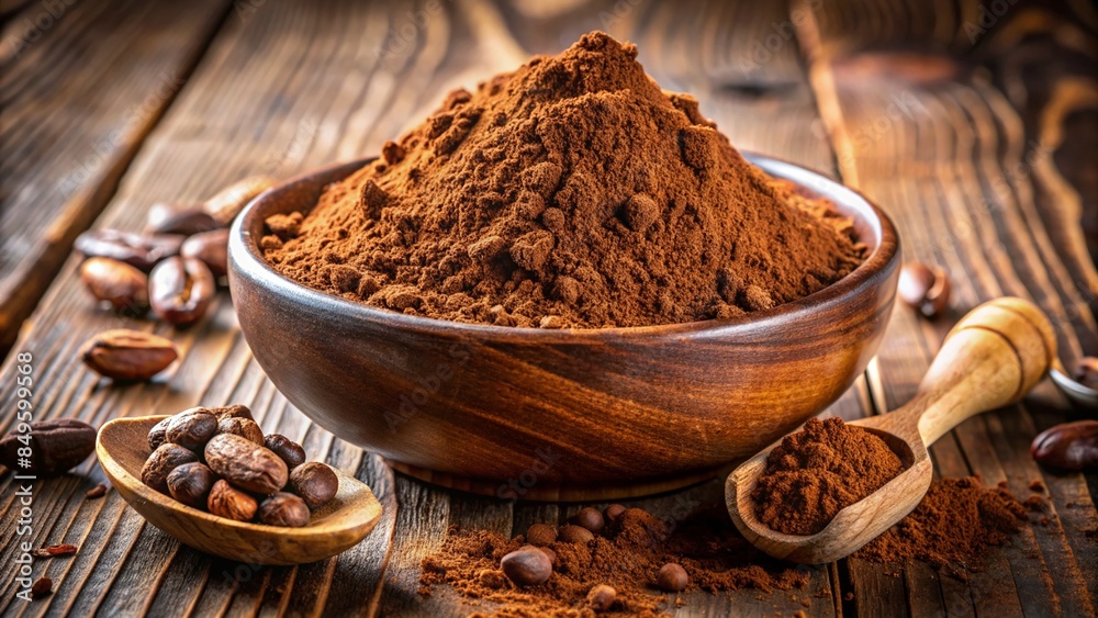 A wooden plate filled with ground coffee or cocoa on a wooden table. Coffee beans and whole cocoa lie nearby. A wooden plate filled with ground coffee or cocoa on a wooden table. Coffee beans and whole cocoa lie nearby.