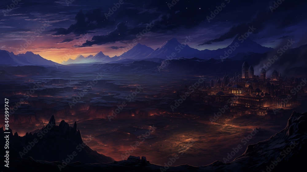 Fototapeta premium Majestic Nighttime Landscape with Illuminated City and Mountains at Twilight