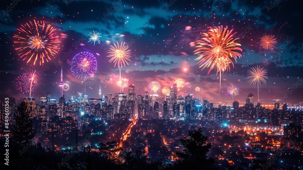 Fireworks Display Over New York City Skyline at Night Fireworks Display Over New York City Skyline at Night