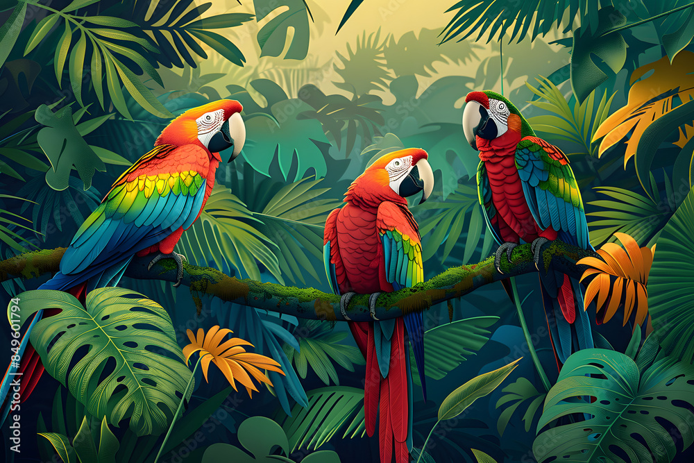 Fototapeta premium Illustration of a tropical rainforest with parrots. Generative AI.