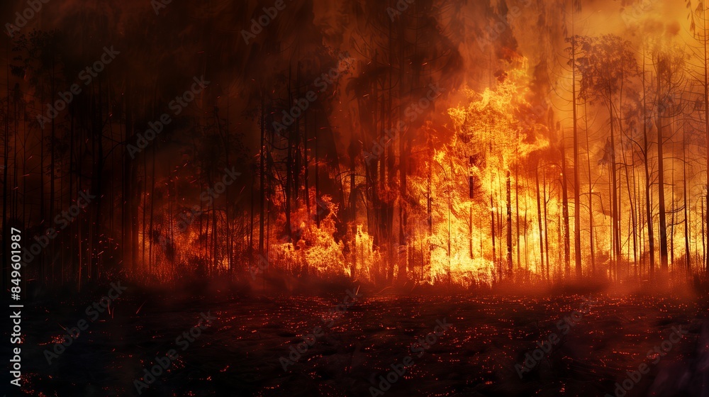 Lots of burning trees. Large forest fire at night. Lots of burning trees. Large forest fire at night.