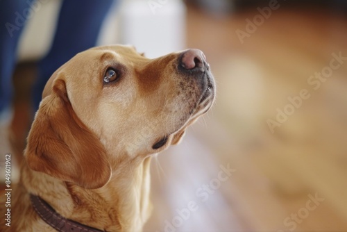 A close-up shot of a curious Labrador Retriever with its eyes focused upwards. The dog is indoors, suggesting a home environment and a sense of warmth.
