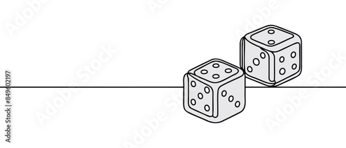 Two casino dices. Continuous one line drawing style. Vector illustration. Contour drawing of game dice.