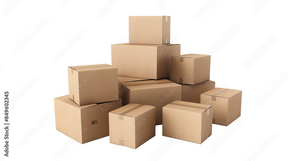 Cardboard mail boxes of different sizes are stacked on a transparent background. PNG image. Cardboard mail boxes of different sizes are stacked on a transparent background. PNG image.