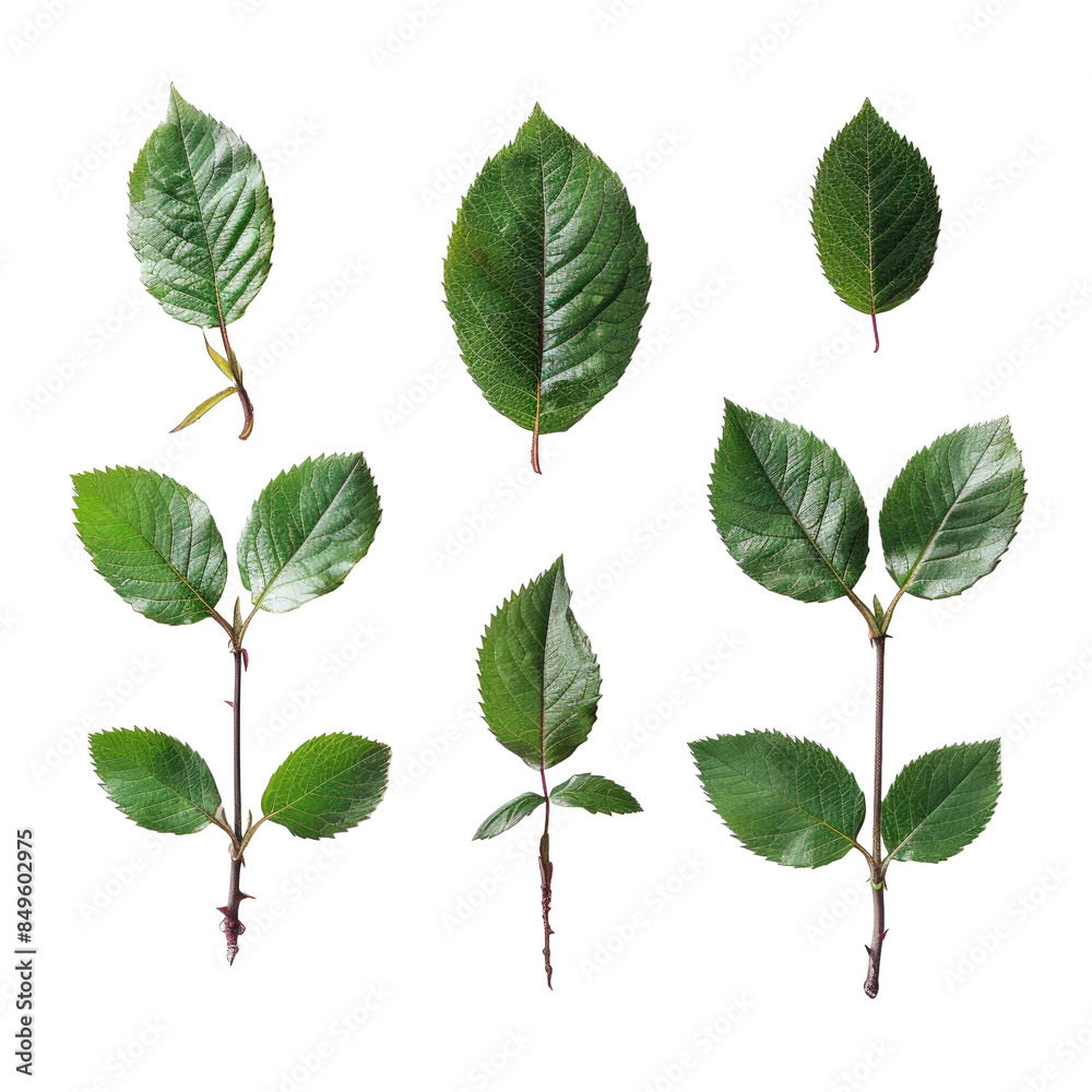 A collection of small rose leaf twigs isolated on a white background. A collection of small rose leaf twigs isolated on a white background.