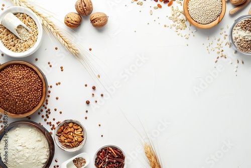 A variety of whole grains and cereals artistically arranged on a white background, perfect for an abstract, wallpaper or background image, a best-seller concept