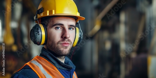 Industrial worker wearing a safety helmet and earmuffs at a construction site. photo