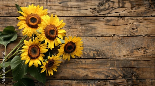 Warm and rustic image of sunflowers on a wooden backdrop, ideal as a best-seller wallpaper or abstract background photo