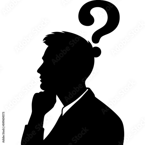 a man in a thinking pose looking up, while creatively envisioning a question mark symbol in his thinking mode photo