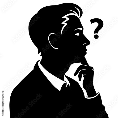 a man in a thinking pose looking up, while creatively envisioning a question mark symbol in his thinking mode photo