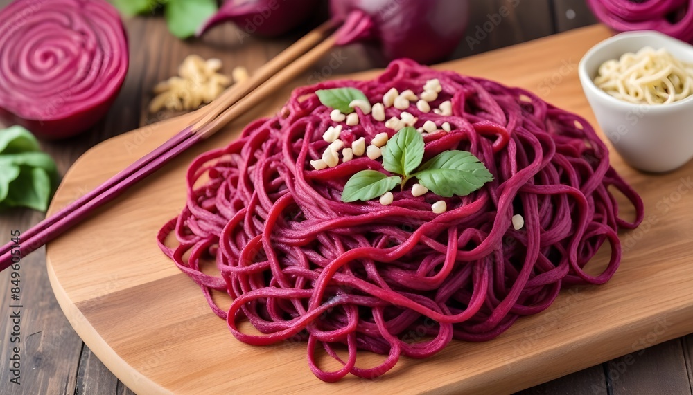 Beet noodles on a wooden board , with a beet in the background