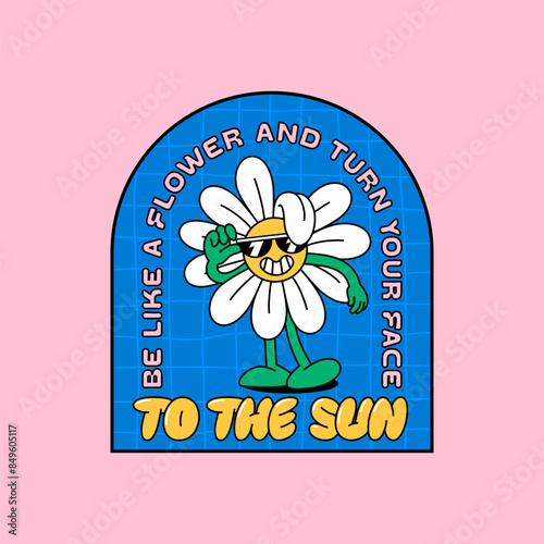 Doodle Style Retro Character Illustration. Vector Abstract Cute Vintage Flower with Motivation Quote