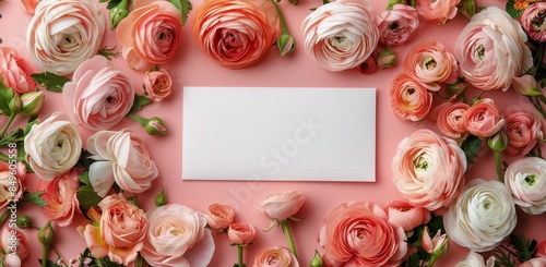 Pink Ranunculus Flowers and Blank Card on a Pink Background