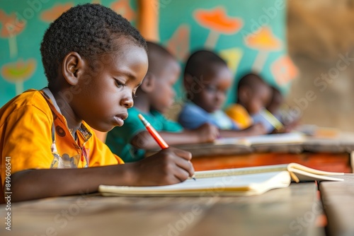 Young African student at desk diligently writes in notebook during class, children in background