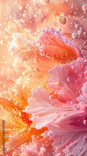 Abstract pastel coral background with clear water and gentle water droplets, vibrant and fresh