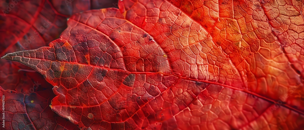 Fototapeta premium Macro shot of autumn maple leaves Detailed closeup of the intricate textures and colors of maple leaves, with ample copy space for text overlays