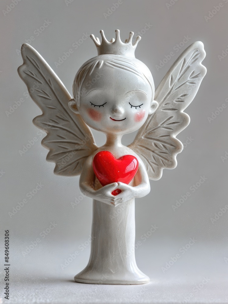 Fototapeta premium White porcelain figurine of an angel with wings, a crown and a red heart in her hands.
