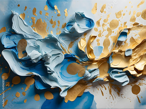 Fluid art paint swirl with gold splashes photo