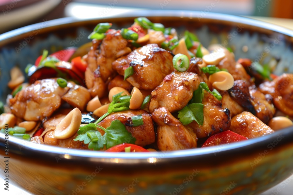 Traditional Chinese Kung Pao Chicken Stir-Fry with Vegetables and Peanuts, Served on Plate, Popular Staple Dish Traditional Chinese Kung Pao Chicken Stir-Fry with Vegetables and Peanuts, Served on Plate, Popular Staple Dish