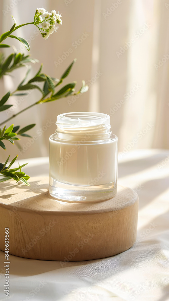 Natural Skincare Cream Jar on Wooden Stand with Greenery in Sunlit Background - Organic Beauty Product Concept