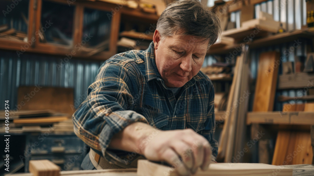 Obraz premium Middle-Aged Male Carpenter Profile., Professional Environment, Diverse Workforce, Corporate Photography, Team Collaboration, Engaged Employees, Authentic Work Settings.